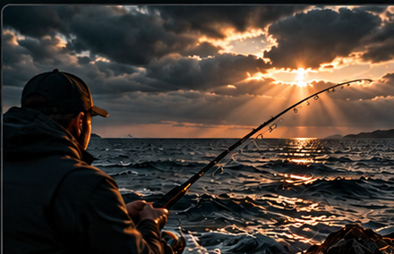 Angler fishing at sea under dramatic clouds and sunset