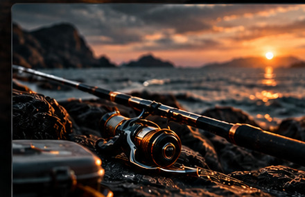 Fishing rod and reel on rocks at sunset